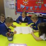 pupils sitting around a desk discussing work and sharing a large piece of paper